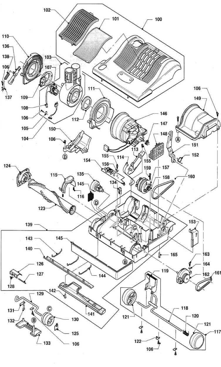 Exploded view diagram of a household appliance showing internal components and outer housing with labeled parts for assembly/repair.